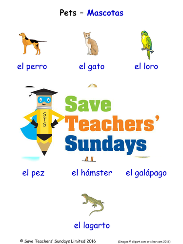 Pets in Spanish Worksheets, Games, Activities and Flash Cards (with audio)