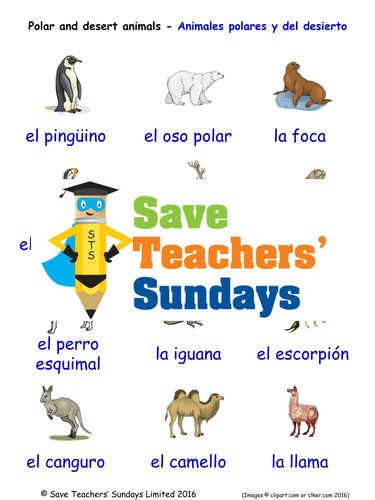 Polar and Desert Animals in Spanish Worksheets, Games, Activities and Flash Cards (with audio)