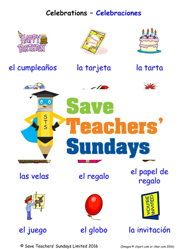 Celebrations in Spanish Worksheets, Games, Activities and Flash Cards (with audio)