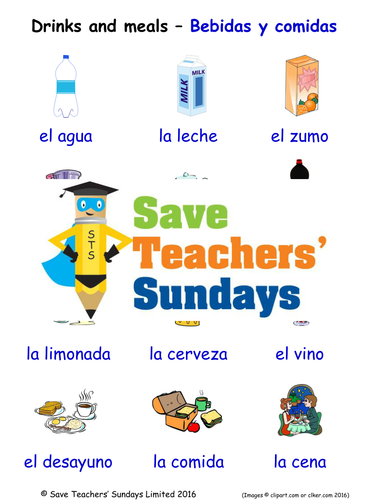 Drinks and Meals in Spanish Worksheets, Games, Activities and Flash Cards (with audio)