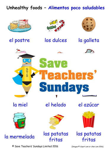 Unhealthy Foods in Spanish Worksheets, Games, Activities and Flash Cards (with audio)