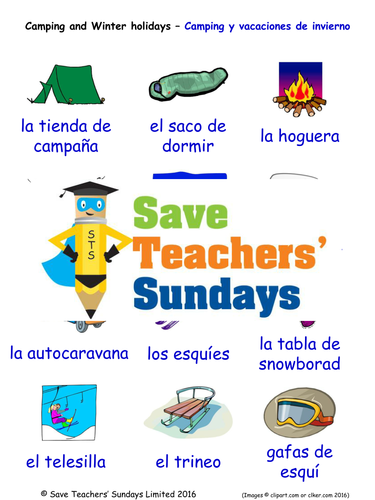 Camping and Winter Holidays in Spanish Worksheets, Games, Activities and Flash Cards (with audio)
