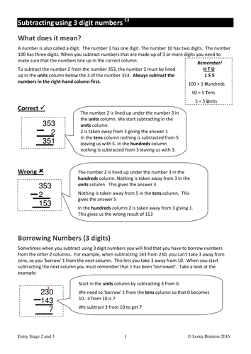 Subtracting using 3 Digit Numbers