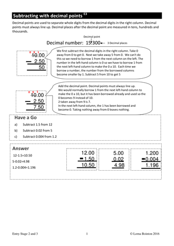 Subtracting Numbers with Decimal Places