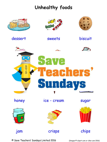 Unhealthy Foods EAL/ESL Worksheets, Games, Activities and Flash Cards (with audio)