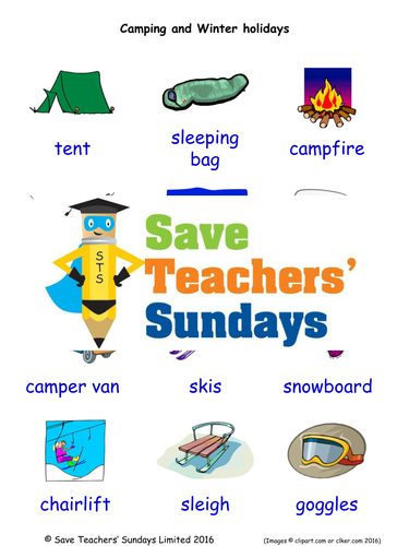 Camping and Winter Holidays EAL/ESL Worksheets, Games, Activities and Flash Cards (with audio)