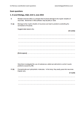 6.2 Nervous coordination (action potentials, synaptic transmission) questions | A Level Biology AQA