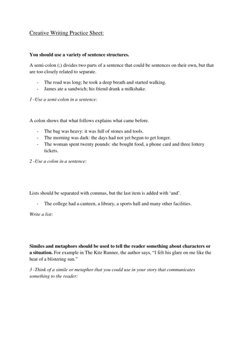 Practice sheet for GCSE low ability - to help with imaginative writing.