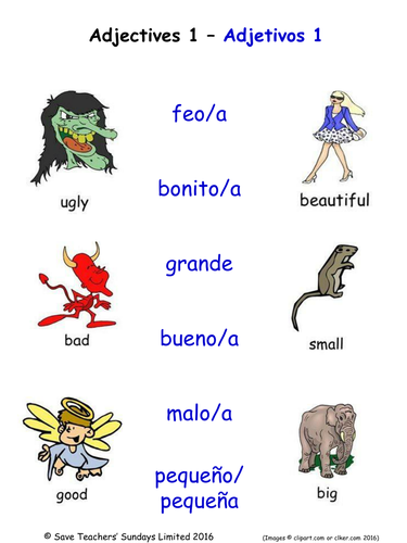 Adjectives in Spanish Activities (36 pages covering 216 Spanish adjectives)