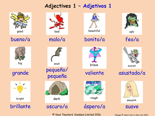 Adjectives in Spanish Posters (18 Spanish adjectives  posters)