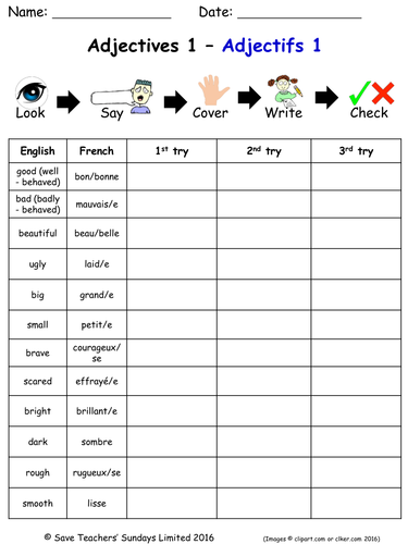 worksheet french adjectives