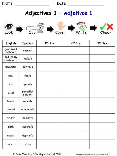 Adjectives in Spanish Spelling Worksheets (18 worksheets)