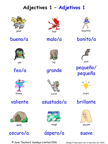 Adjectives in Spanish Word Searches (18 Spanish adjectives wordsearches)