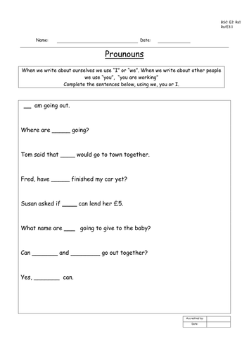 SPAG pronouns differentiated resources