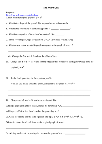 Guided worksheet on Transformations of Parabolas using Technology and Guided expansion using BOX