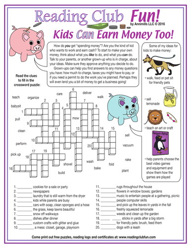 Ways for Kids to Make Money Crossword Puzzle Teaching Resources