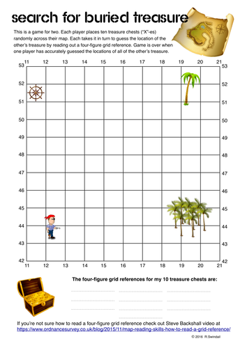 Search for buried treasure - four figure grid reference game