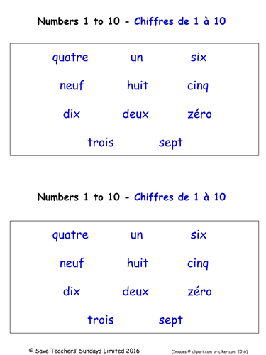 Numbers 0-10 in French Worksheets (Labelling)