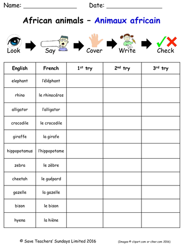 Animals in French Spelling Worksheets (15 worksheets)