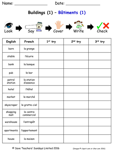 Buildings and Structures in French Spelling Worksheets (5  worksheets)