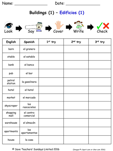 Buildings and Structures in Spanish Spelling Worksheets (5 worksheets)