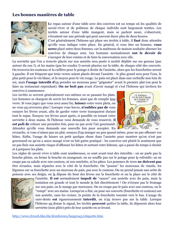 Les bonnes manières de table - Reading comprehension and vocabulary building