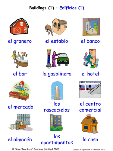 Buildings and Structures in Spanish Word Searches (5 Wordsearches)