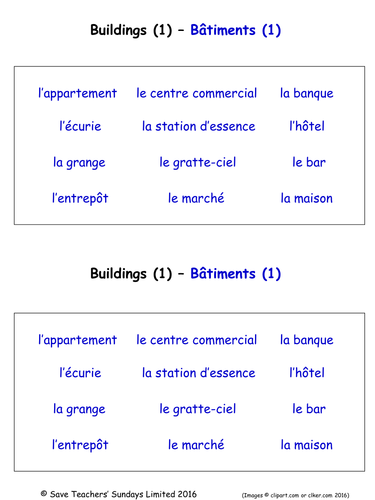 Buildings and Structures in French worksheets (5 Labelling Worksheets)