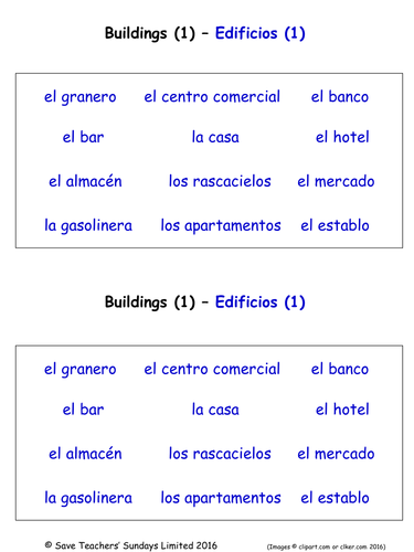 Buildings and Structures in Spanish worksheets (5 Labelling Worksheets)