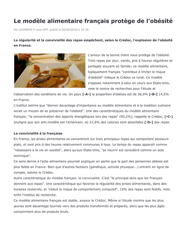 Reading comprehension (IB French B): Le modèle alimentaire français protège de l'obésité