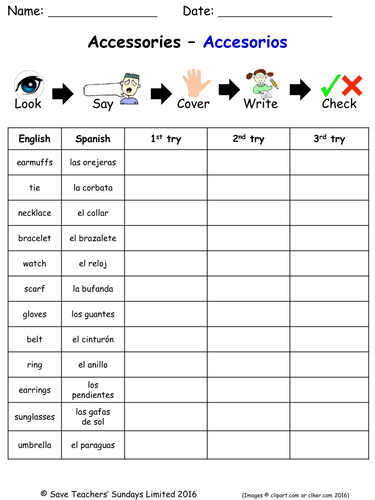 Clothes in Spanish Spelling Worksheets (3 worksheets)