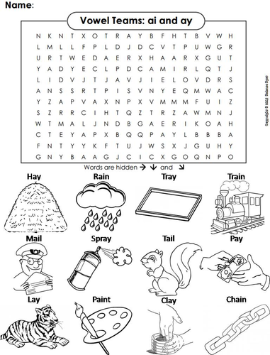 ai ay Vowel Team: Phonics Word Search/ Coloring Sheet