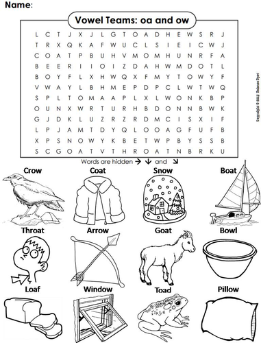 oa ow Vowel Team: Phonics Word Search/ Coloring Sheet