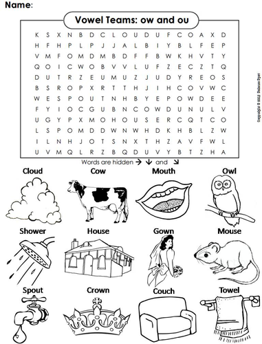 ow and ou Vowel Team: Phonics Word Search/ Coloring Sheet