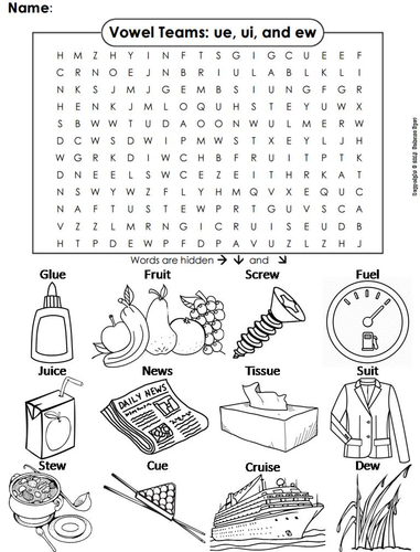 ue, ui and ew Vowel Team: Phonics Word Search/ Coloring Sheet (Long U Sounds)