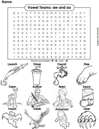 aw and au Vowel Team: Phonics Word Search/ Coloring Sheet