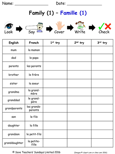 Family in French Spelling Worksheets (2 worksheets)