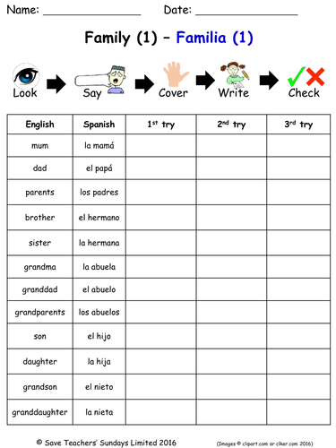 Family in Spanish Spelling Worksheets (2 worksheets)