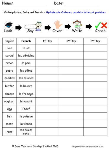 Food and Drink in French Spelling Worksheets (11 worksheets)
