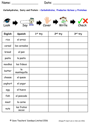 Food and Drink in Spanish Spelling Worksheets (11 worksheets)