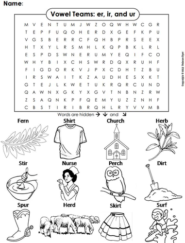 er, ir, ur Vowel Team: Phonics Worksheet: Digraphs Word Search/ Coloring Sheet