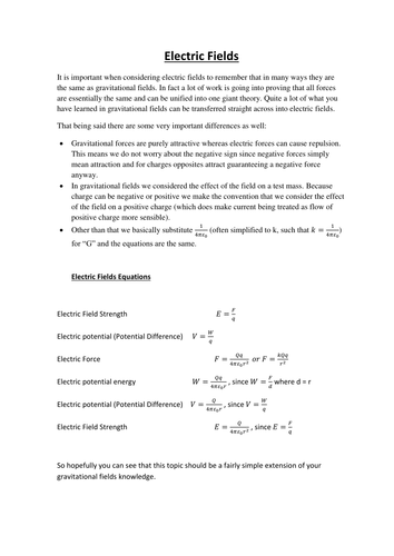 AQA A-level Physics: Electric fields notes and question booklet