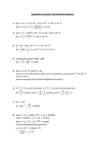 Answers and worked solutions to the A-level capacitors booklet