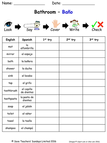 Home in Spanish Spelling Worksheets (7 worksheets)