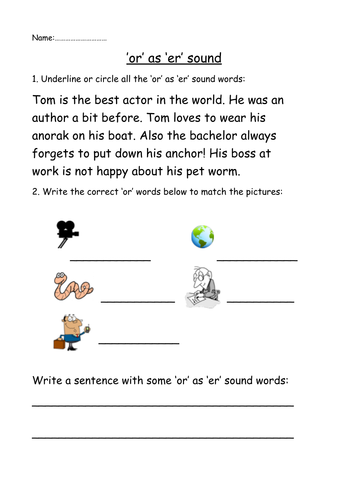 'or' Digraph as 'er' Sound Phoneme Spotter Alternative Spelling
