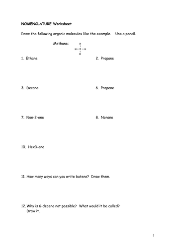 A' Level Organic Chemistry - naming molecules worksheet (inc answers)