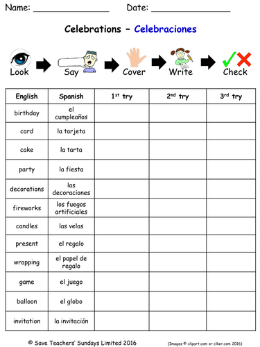 Christmas and Celebrations in Spanish Spelling Worksheets (2 worksheets)