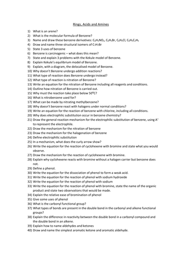 113 exam questions on rings, acids and amine