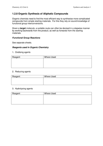 worksheet on organic synthesis for aliphatic compounds