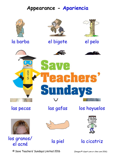 Appearance in Spanish Worksheets, Games, Activities and Flash Cards (with audio)